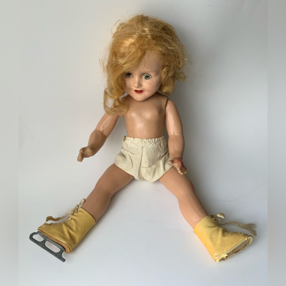 Vintage Composition Blonde Hair Doll with Ice Skates - in Distress